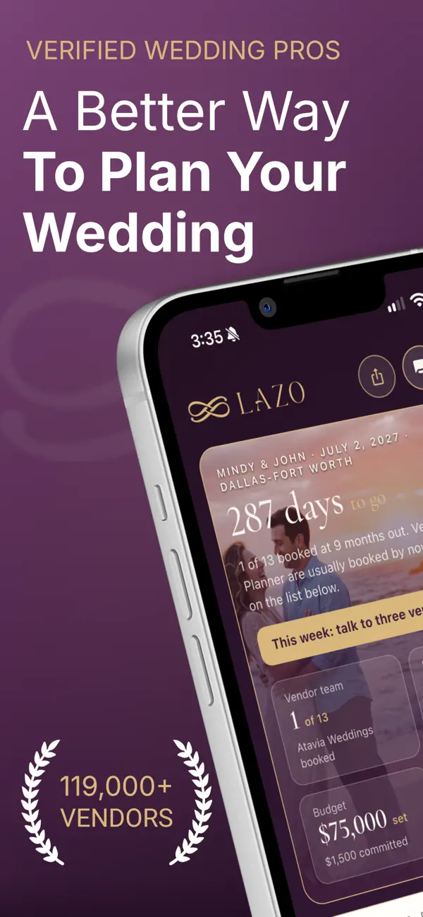 Home screen: 287 days to go, this week's three things, vendor team and budget