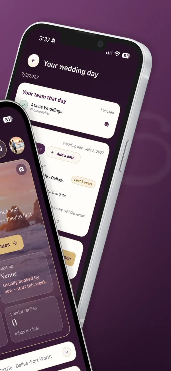 Two phones showing the wedding day view and the home screen