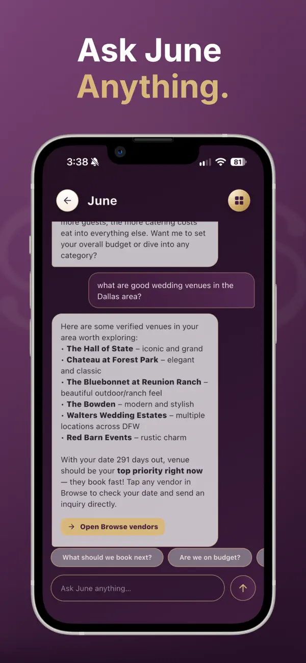 June answering a question about wedding venues in Dallas with verified options