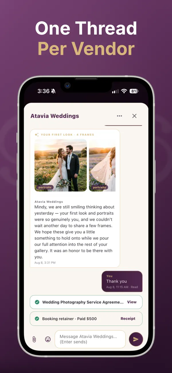 One thread per vendor: sneak-peek photos, the signed agreement and the paid retainer in one conversation