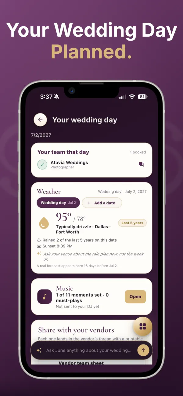Your wedding day: the team, the weather for your date, music and what to share with vendors