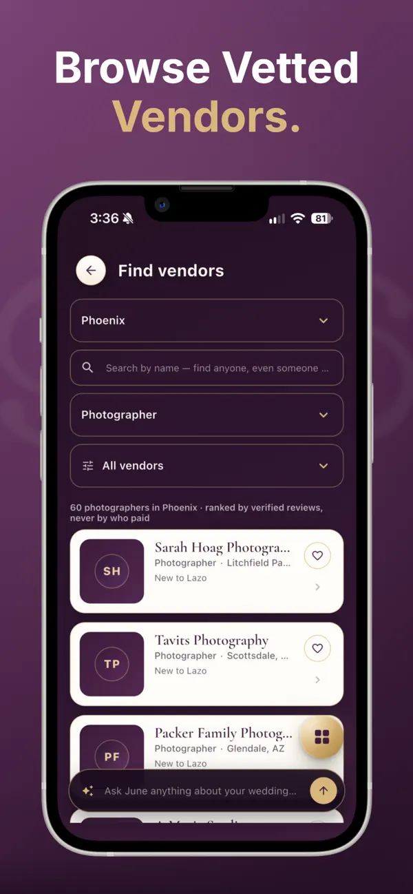 Find vendors: photographers in Phoenix ranked by verified reviews