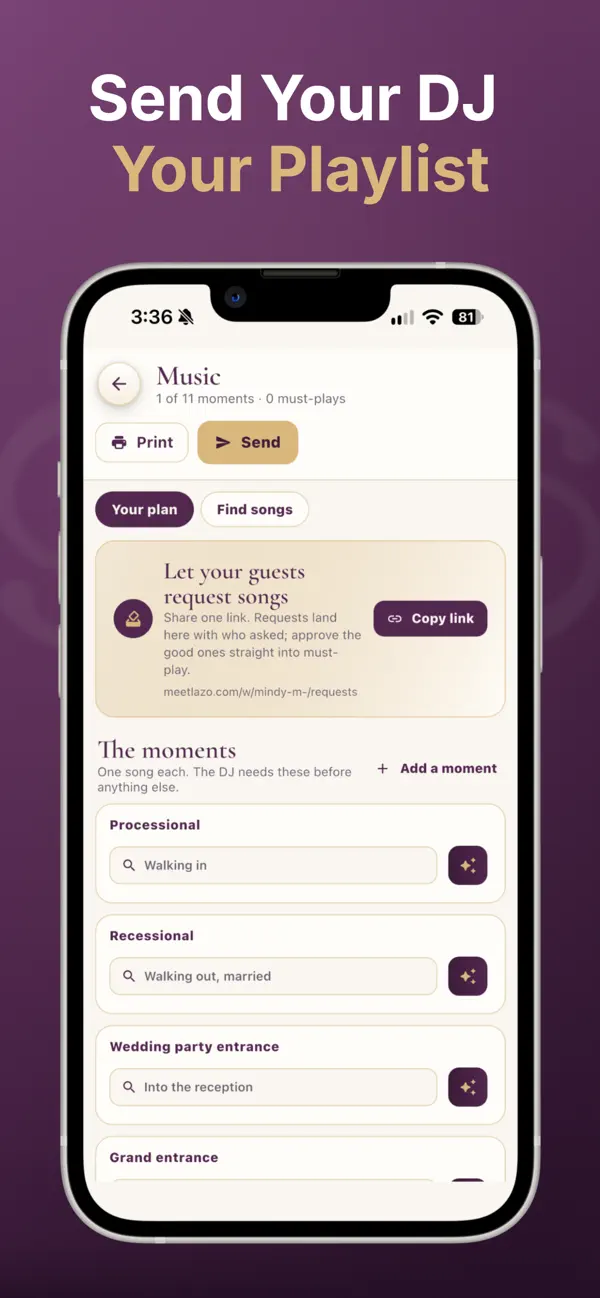 Music: every moment gets a song, guests request through a link, send the list to your DJ
