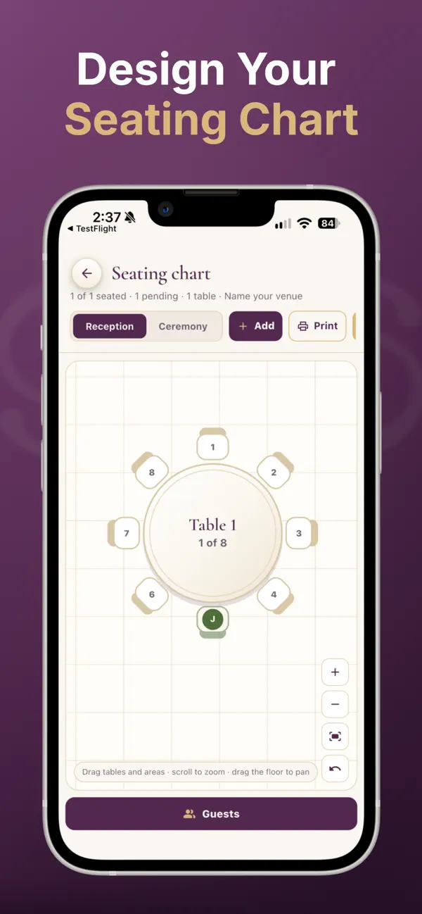 Seating chart: drag guests onto tables, reception and ceremony