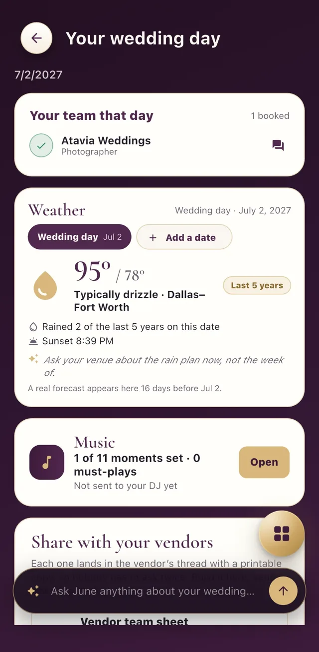 Your wedding day: the team, the weather for your date, music and sharing