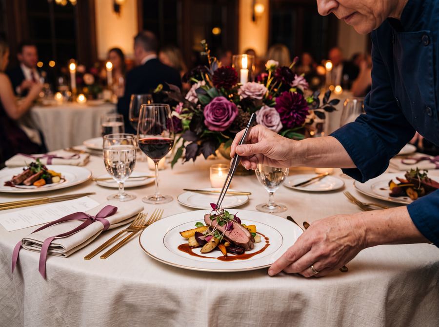 A plated wedding dinner