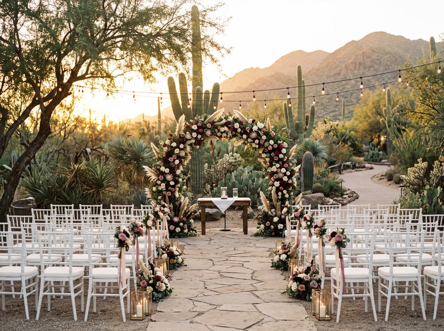 An outdoor desert ceremony set up under string lights