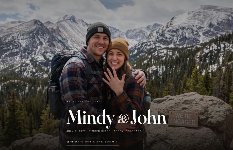 Mindy & John's wedding website on the Summit template: their engagement photo in the mountains with their names, date and countdown