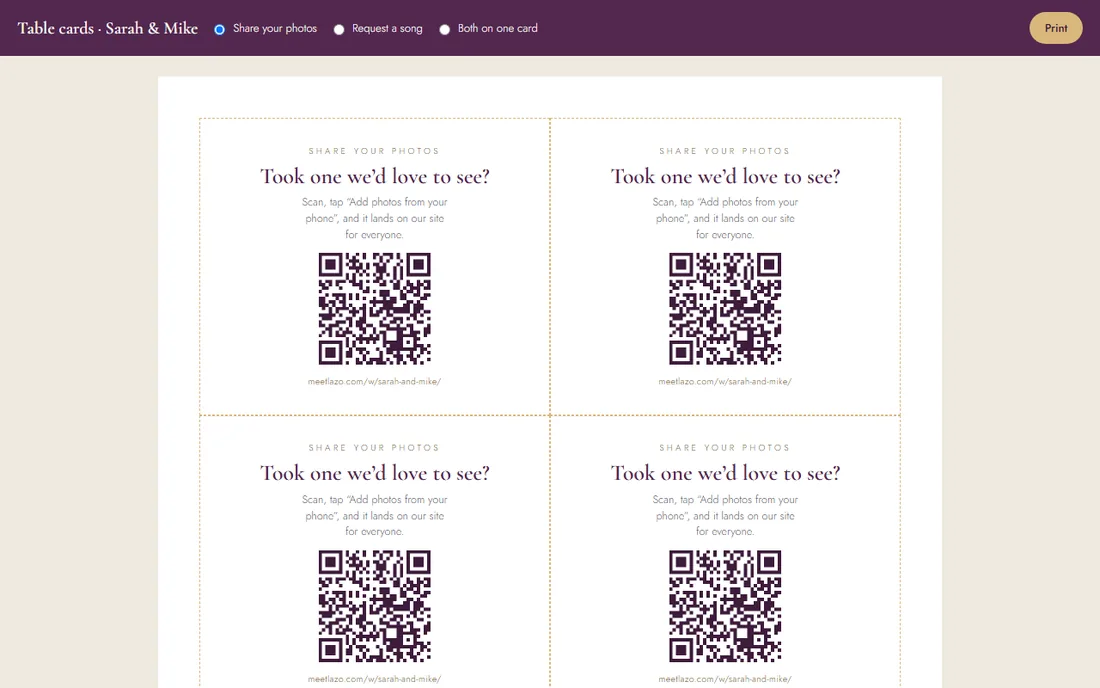 Printable table cards with a QR code that opens the photo wall