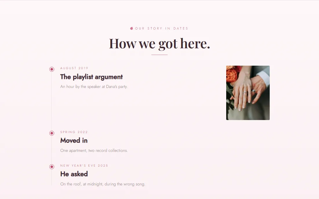 A wedding website timeline of the couple's story: the night they met, moving in, the proposal