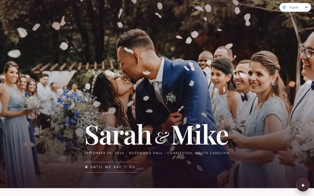 A wedding website header with the couple's own photo positioned exactly where they want it
