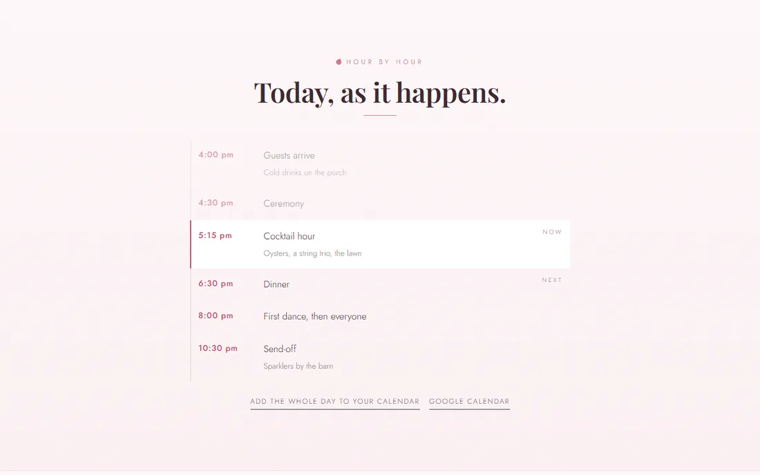 The day hour by hour with the current moment marked Now and the next one marked Next