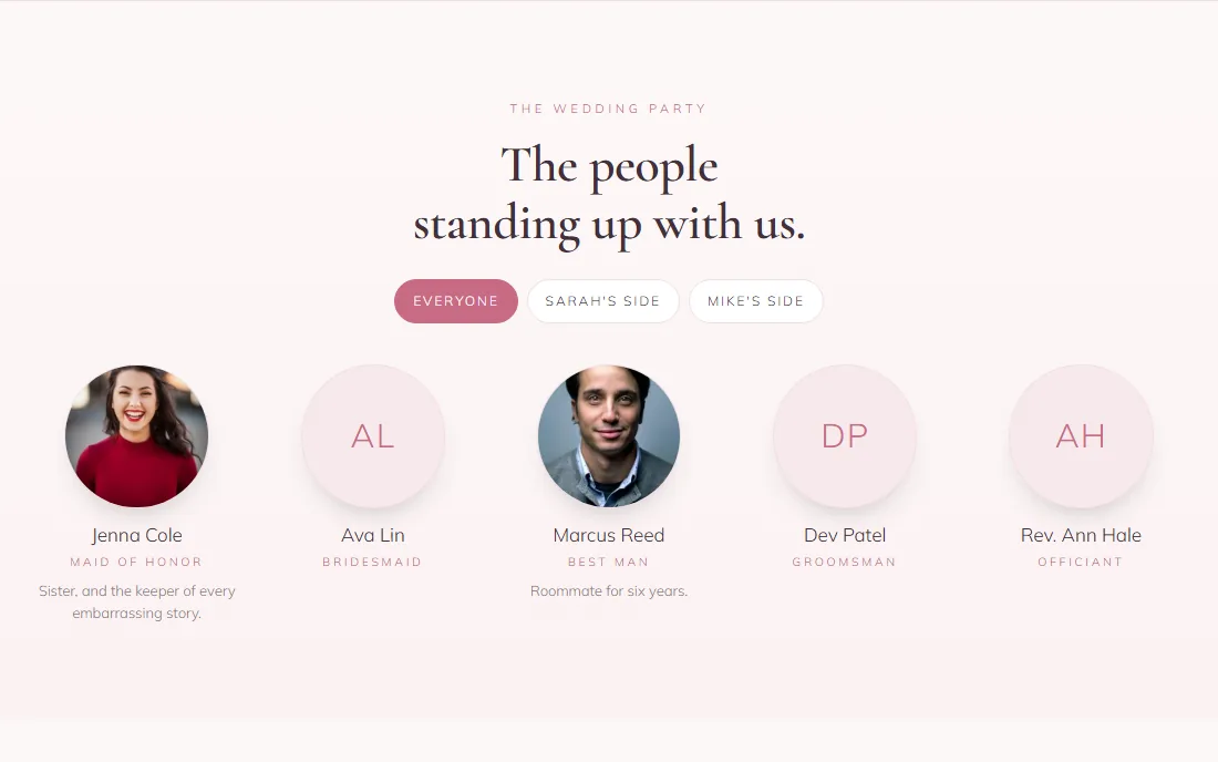 The wedding party on a wedding website, with photos, roles and a tab for each side
