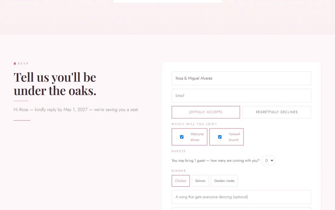 An RSVP form already filled in for the guest, with dinner choices, plus-one count and which events they'll join