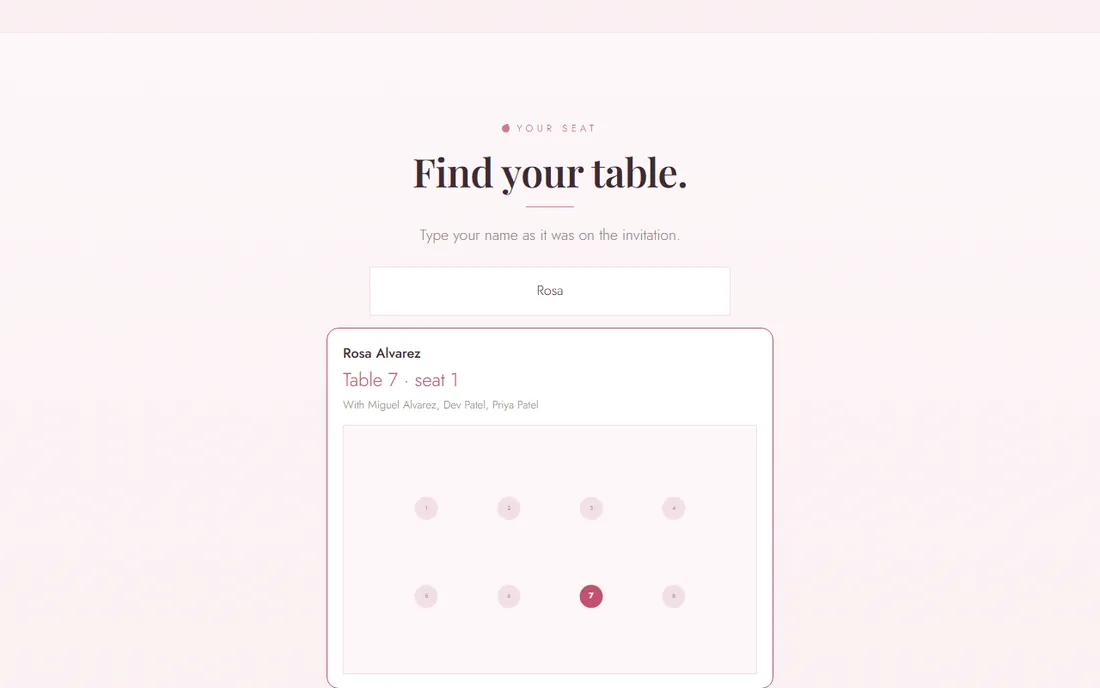 A guest types their name and the site shows their table, seat, tablemates and a map of the room