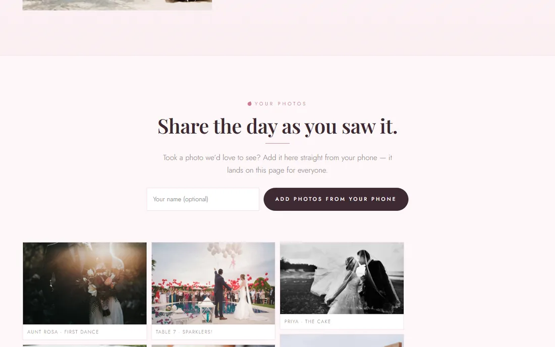 A photo wall on the wedding website filled with pictures guests added from their phones