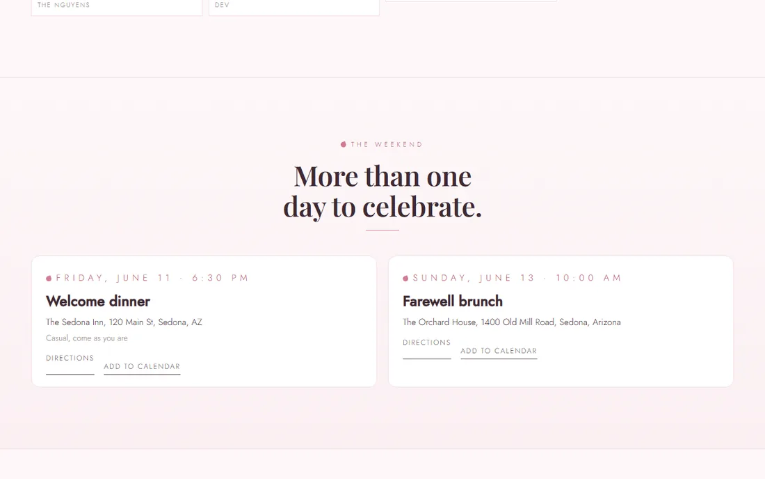 Welcome dinner and farewell brunch cards, each with directions and add-to-calendar